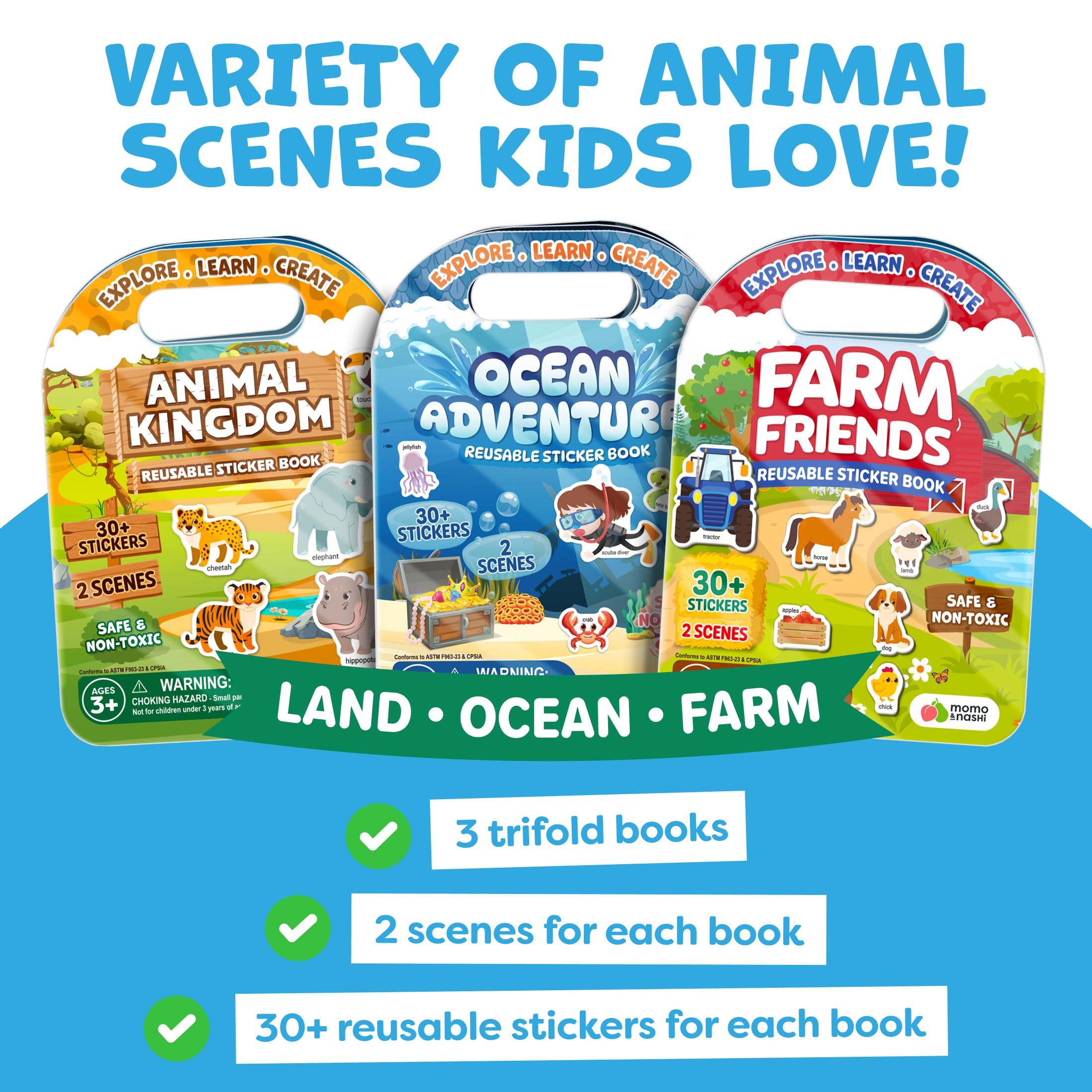Momo & Nashi Reusable Sticker Books for Toddlers 1-3 (3 Themes, 100+ Stickers) - Portable Travel Activity