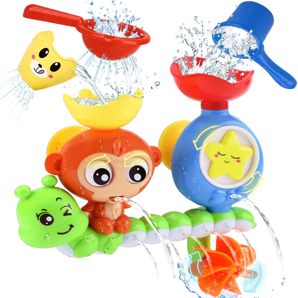 Monkey Waterfall Bath Toy for Toddlers 1-3 Years – Spinning Gears & Cups, No Batteries Needed