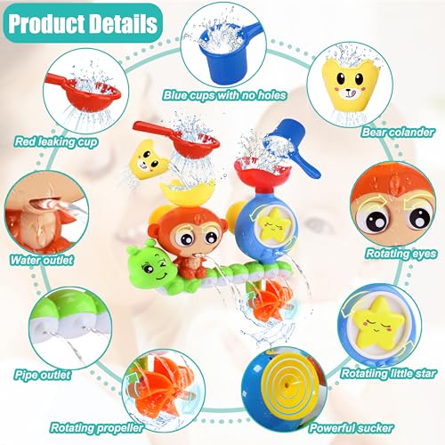 Monkey Waterfall Bath Toy for Toddlers 1-3 Years – Spinning Gears & Cups, No Batteries Needed