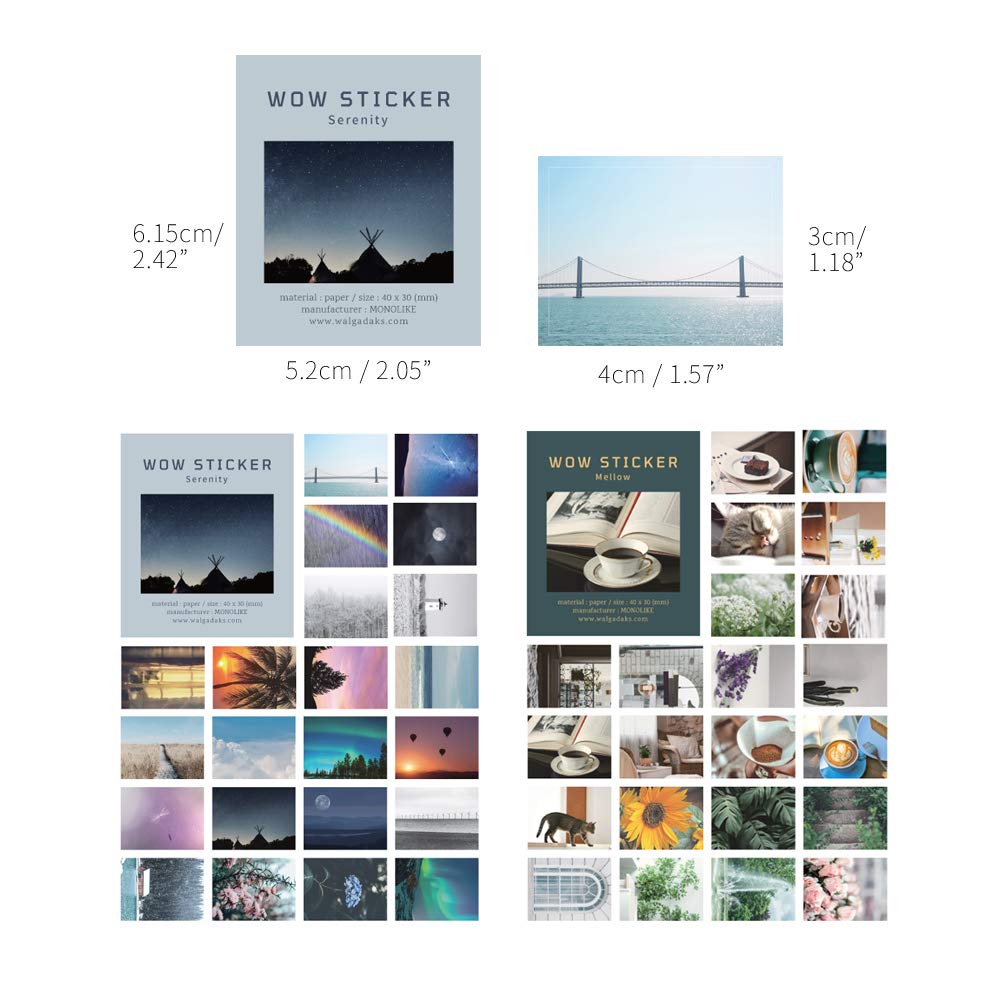 Monolike Wow Sticker Serenity + Mellow Set – 6 Mini Cute Square Stickers (2 Designs) for Scrapbooking, Waterproof