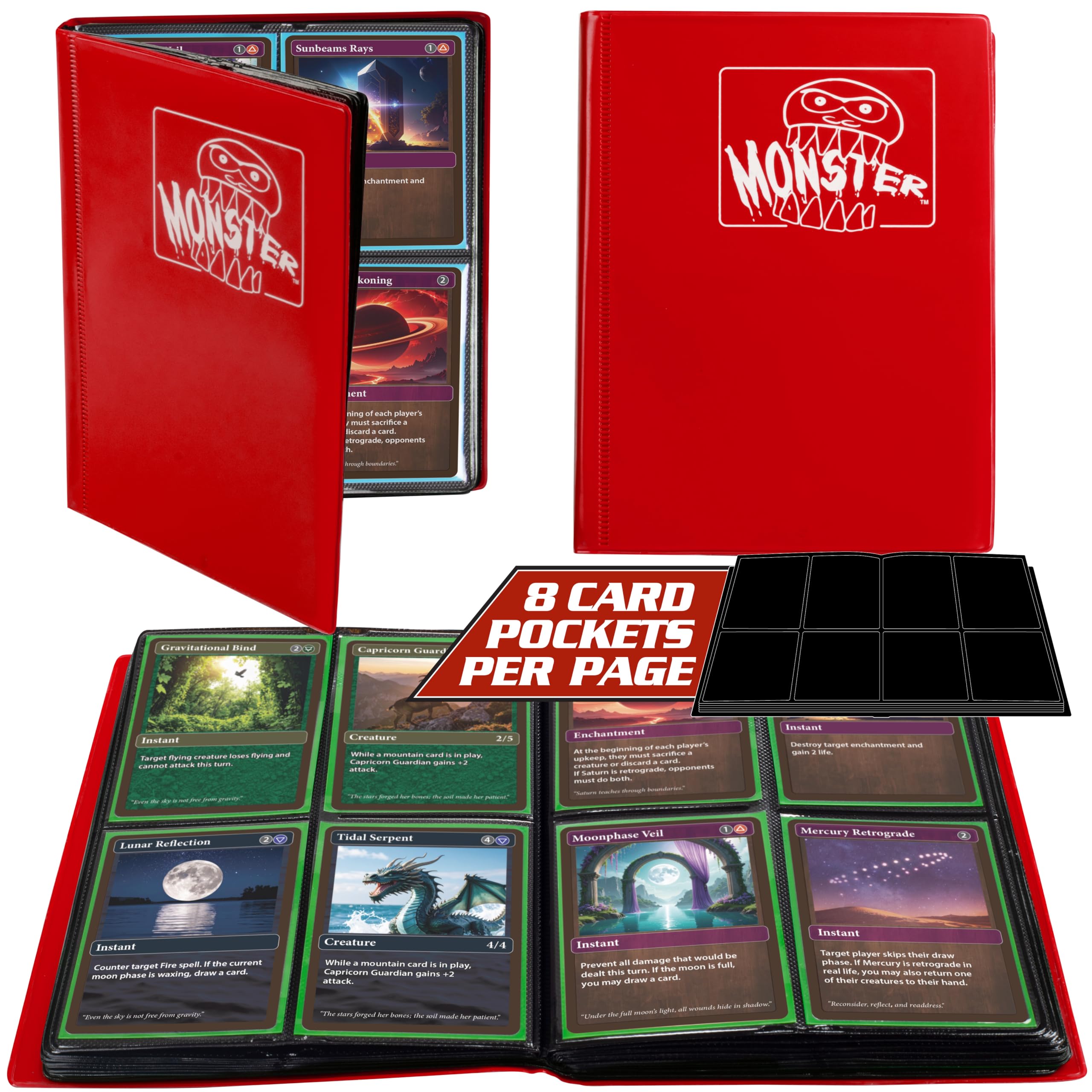 Monster 4 Pocket Trading Card Album - Matte Red, Holds 160 Cards, Side-Loading Pockets | Compatible with Pokemon Yugioh MTG