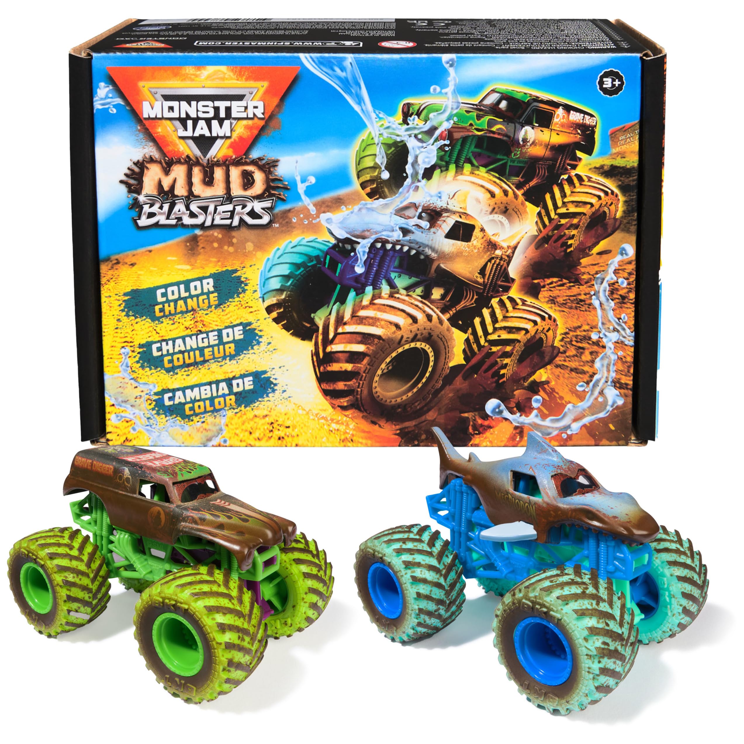 Monster Jam Mud Blasters 2-Pack: Grave Digger & Megalodon Color-Changing 1:64 Die-Cast Trucks for Ages 3+