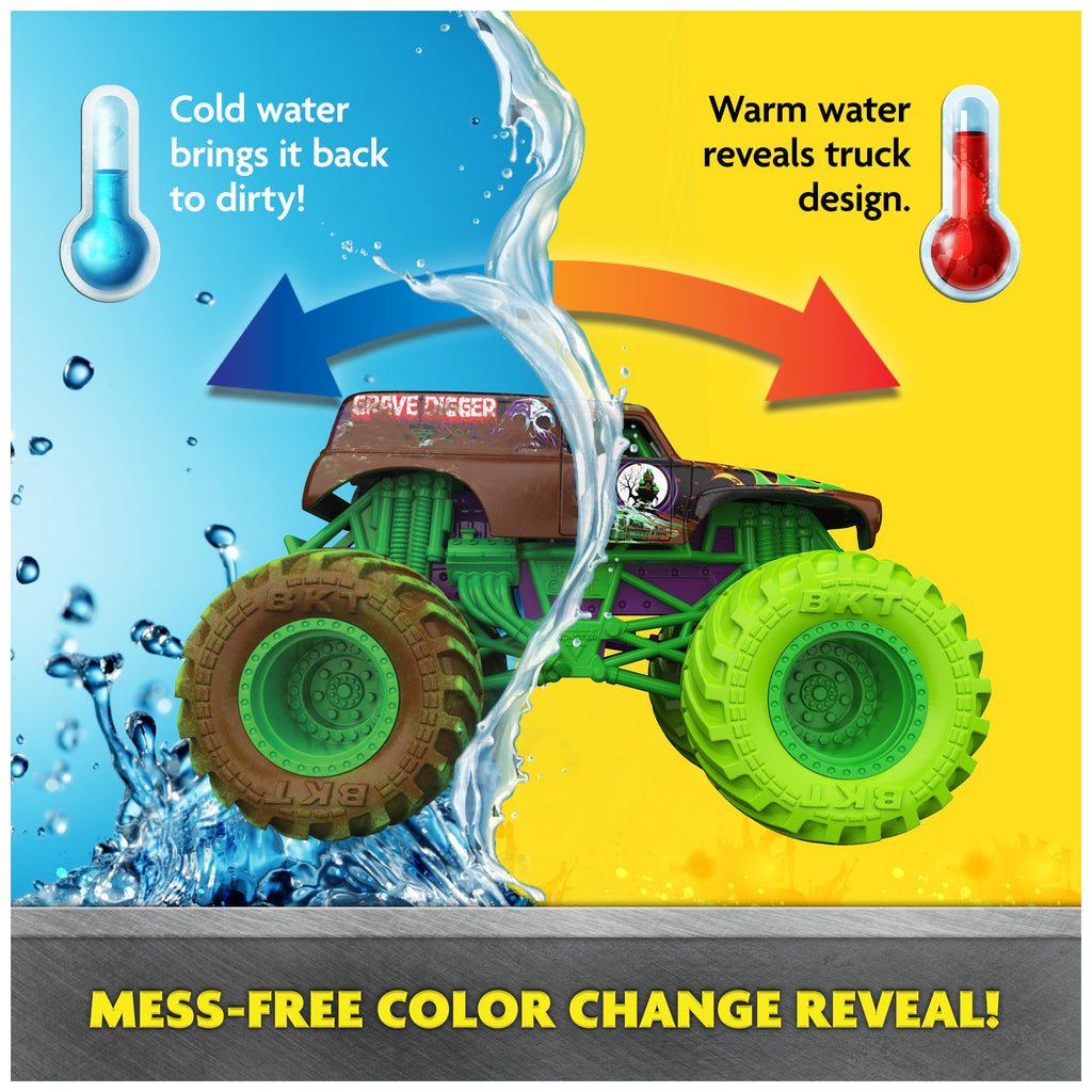 Monster Jam Mud Blasters 2-Pack: Grave Digger & Megalodon Color-Changing 1:64 Die-Cast Trucks for Ages 3+