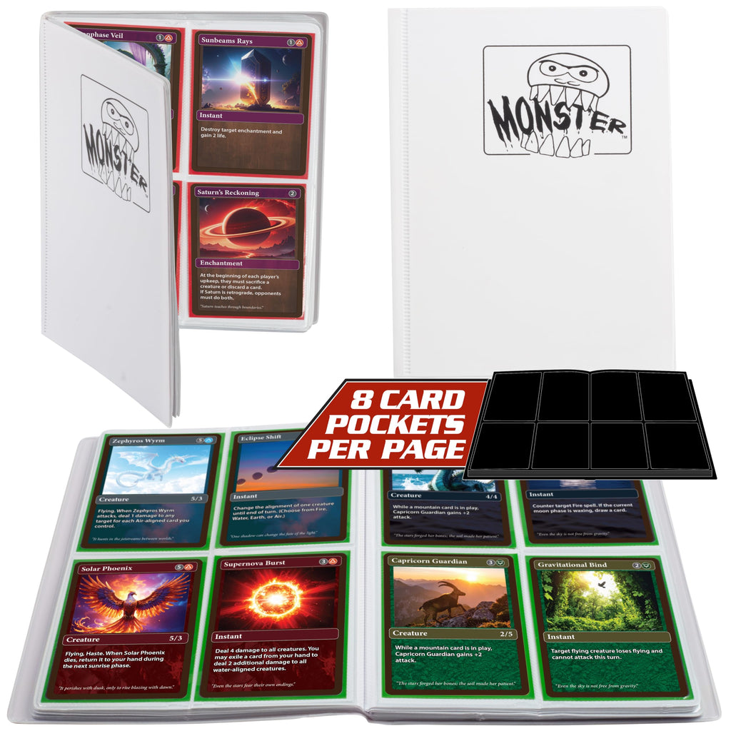 Monster Protectors 4 Pocket Trading Card Album - Matte White Binder with Side Loading Pockets, Holds 160 Cards for Pokémon, Yu-Gi-Oh!, MTG