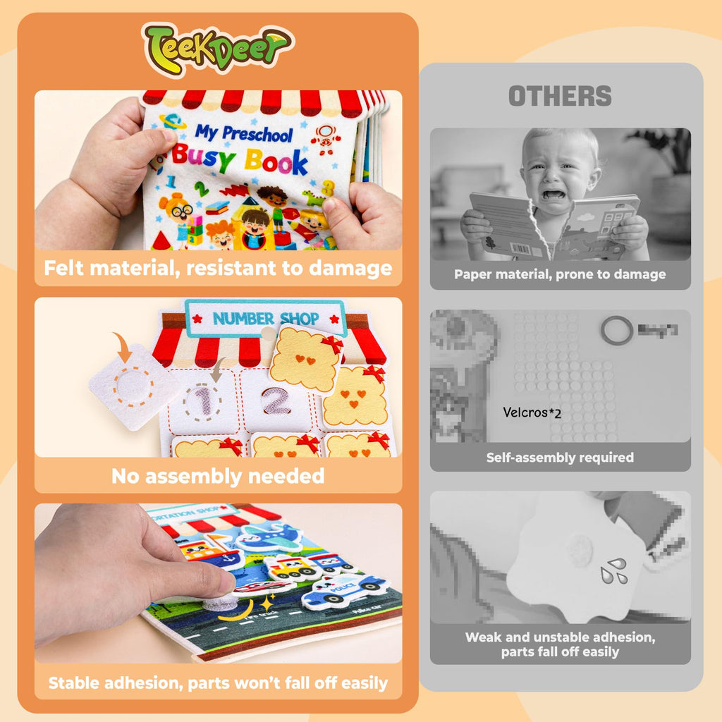 Montessori Felt Busy Book for Toddlers 1-3 – 6 Theme Learning Activities, Portable Travel Toy
