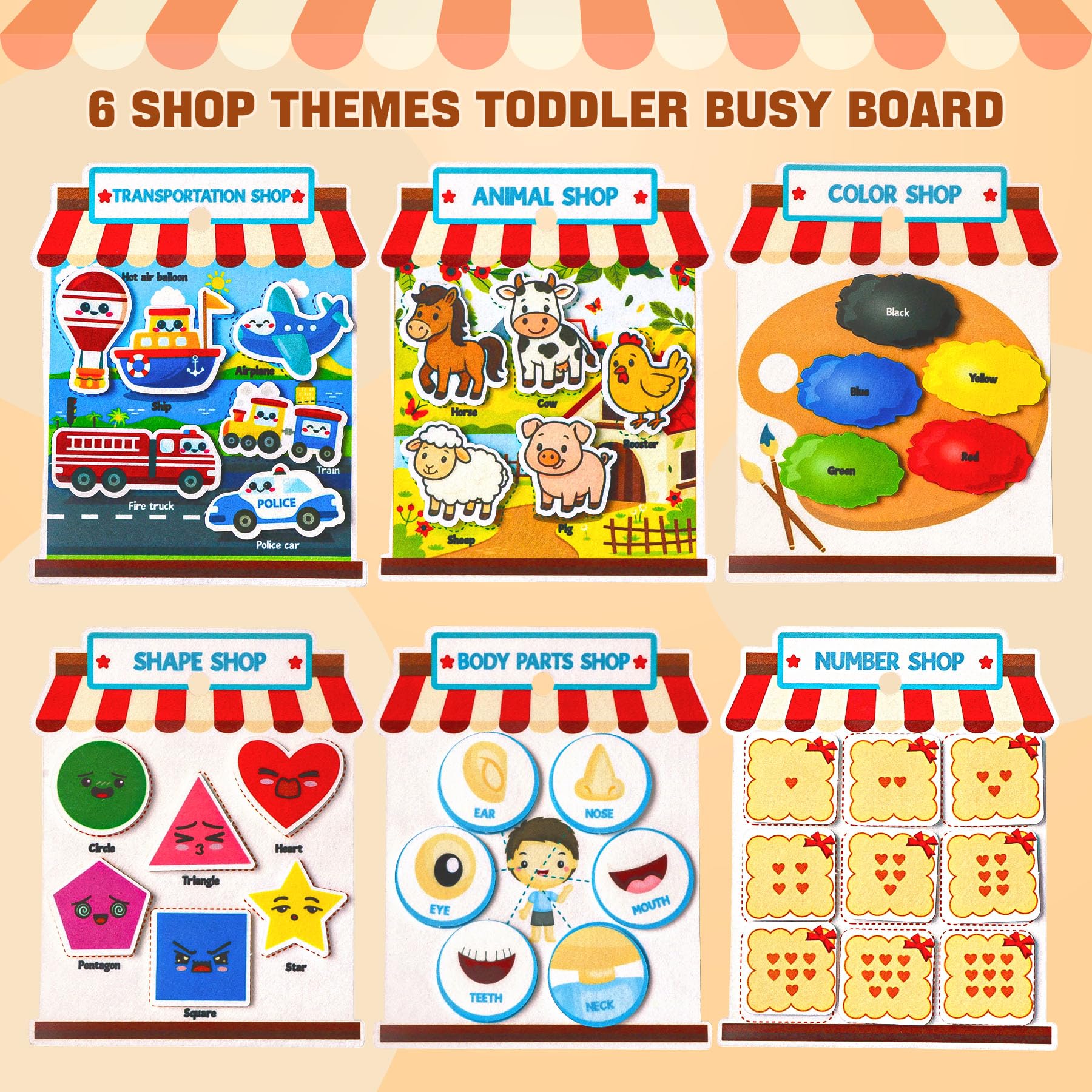 Montessori Felt Busy Book for Toddlers 1-3 – 6 Theme Learning Activities, Portable Travel Toy