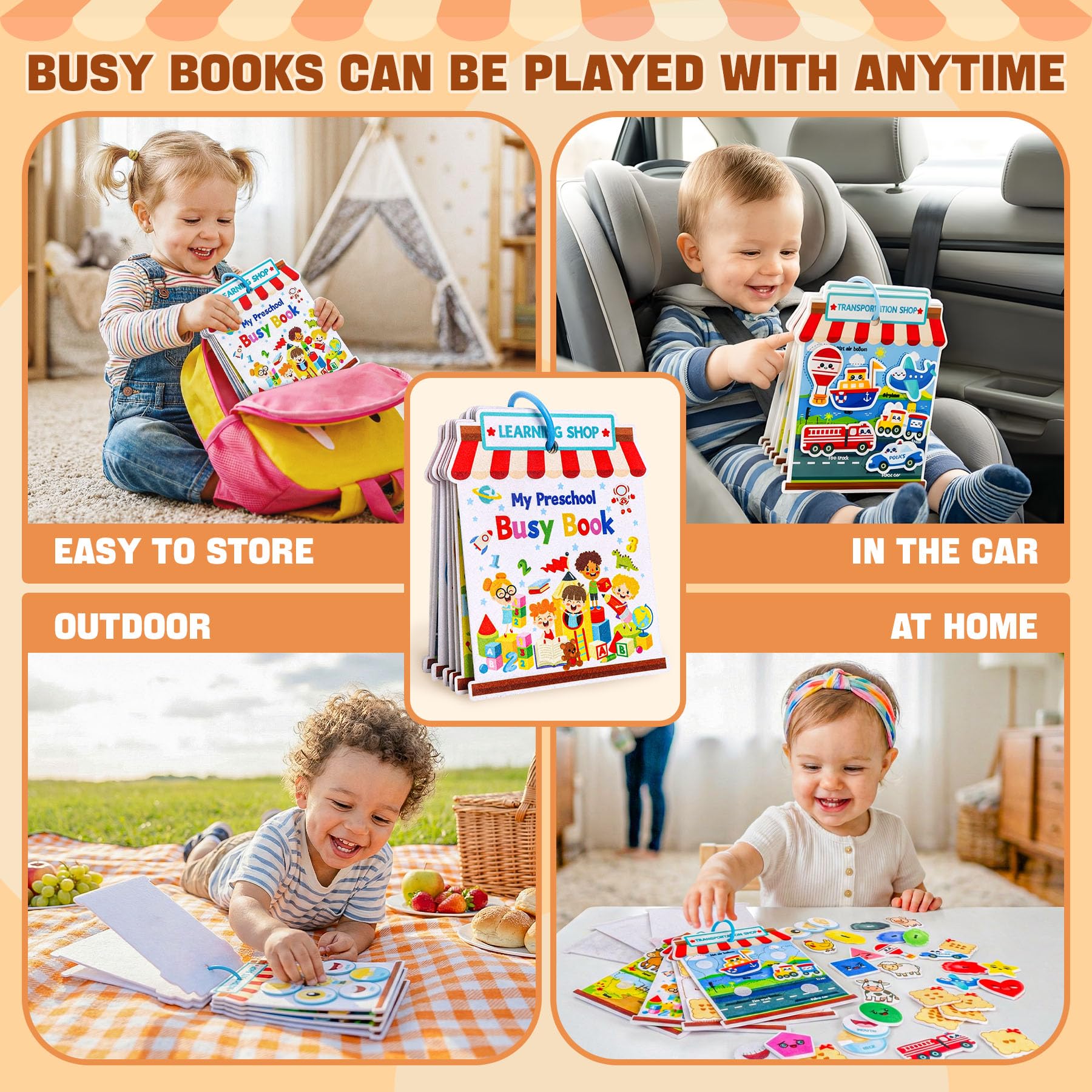 Montessori Felt Busy Book for Toddlers 1-3 – 6 Theme Learning Activities, Portable Travel Toy