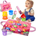 Montessori Fishing Toy for 1 Year Old Girl – Pink Cloth Set with 12 Fish & Stackable Buckets