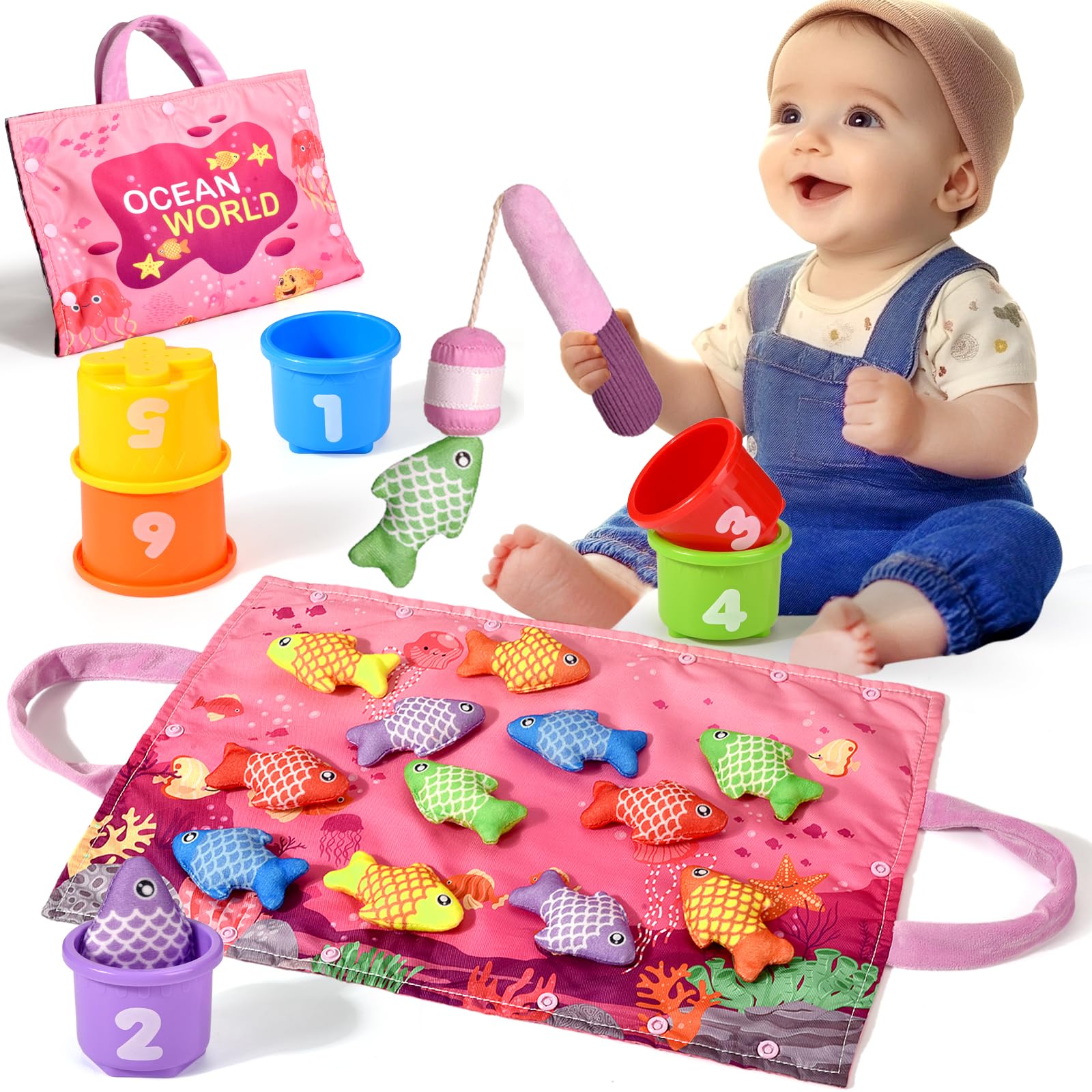 Montessori Fishing Toy for 1 Year Old Girl – Pink Cloth Set with 12 Fish & Stackable Buckets