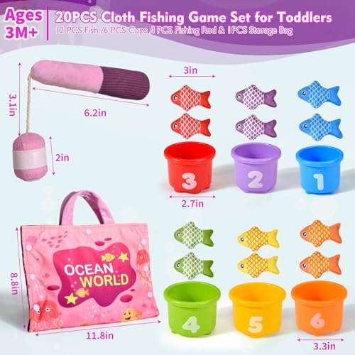Montessori Fishing Toy for 1 Year Old Girl – Pink Cloth Set with 12 Fish & Stackable Buckets