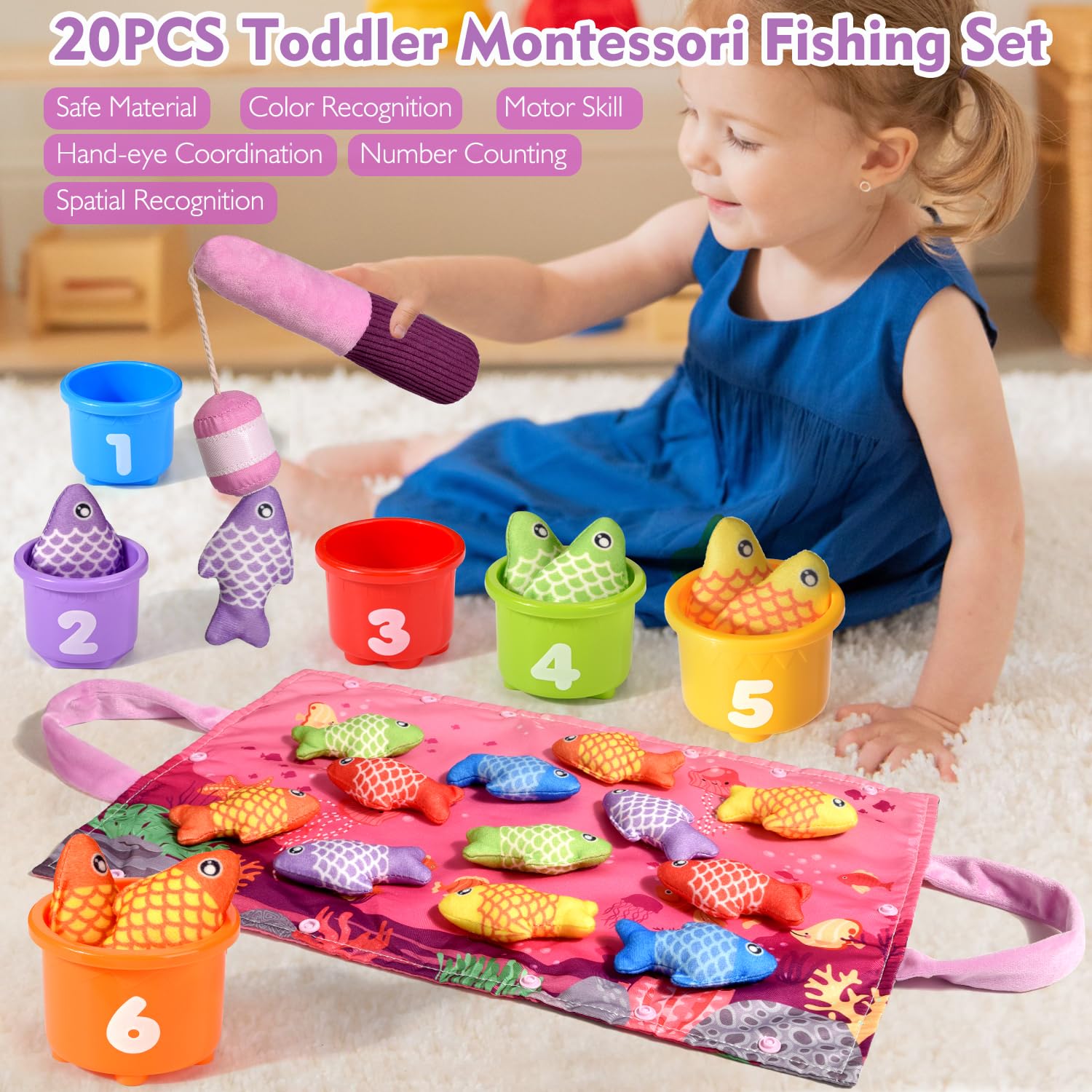 Montessori Fishing Toy for 1 Year Old Girl – Pink Cloth Set with 12 Fish & Stackable Buckets