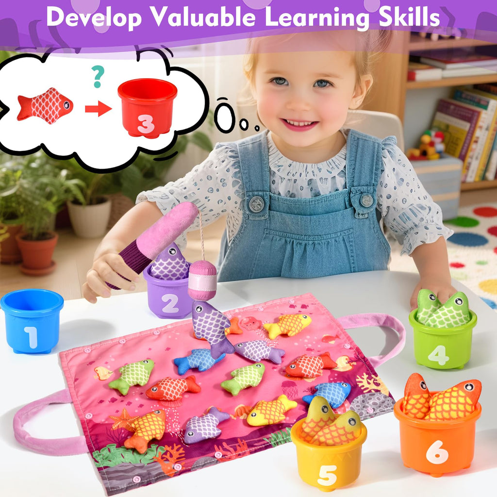 Montessori Fishing Toy for 1 Year Old Girl – Pink Cloth Set with 12 Fish & Stackable Buckets