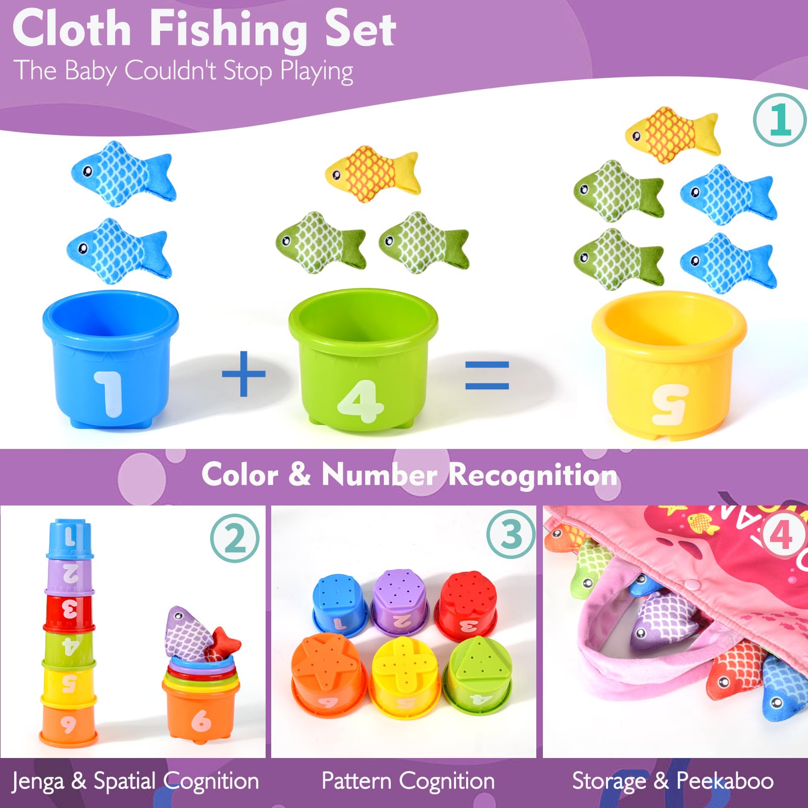 Montessori Fishing Toy for 1 Year Old Girl – Pink Cloth Set with 12 Fish & Stackable Buckets