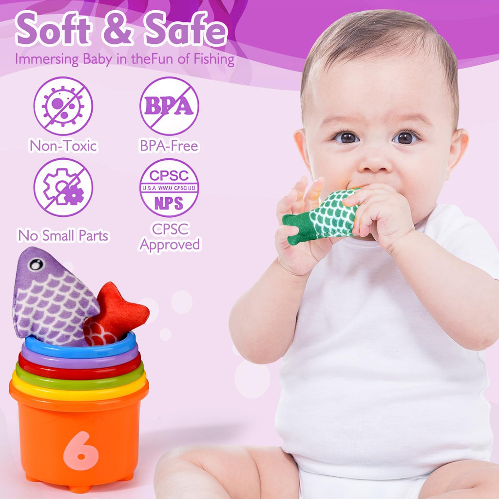 Montessori Fishing Toy for 1 Year Old Girl – Pink Cloth Set with 12 Fish & Stackable Buckets