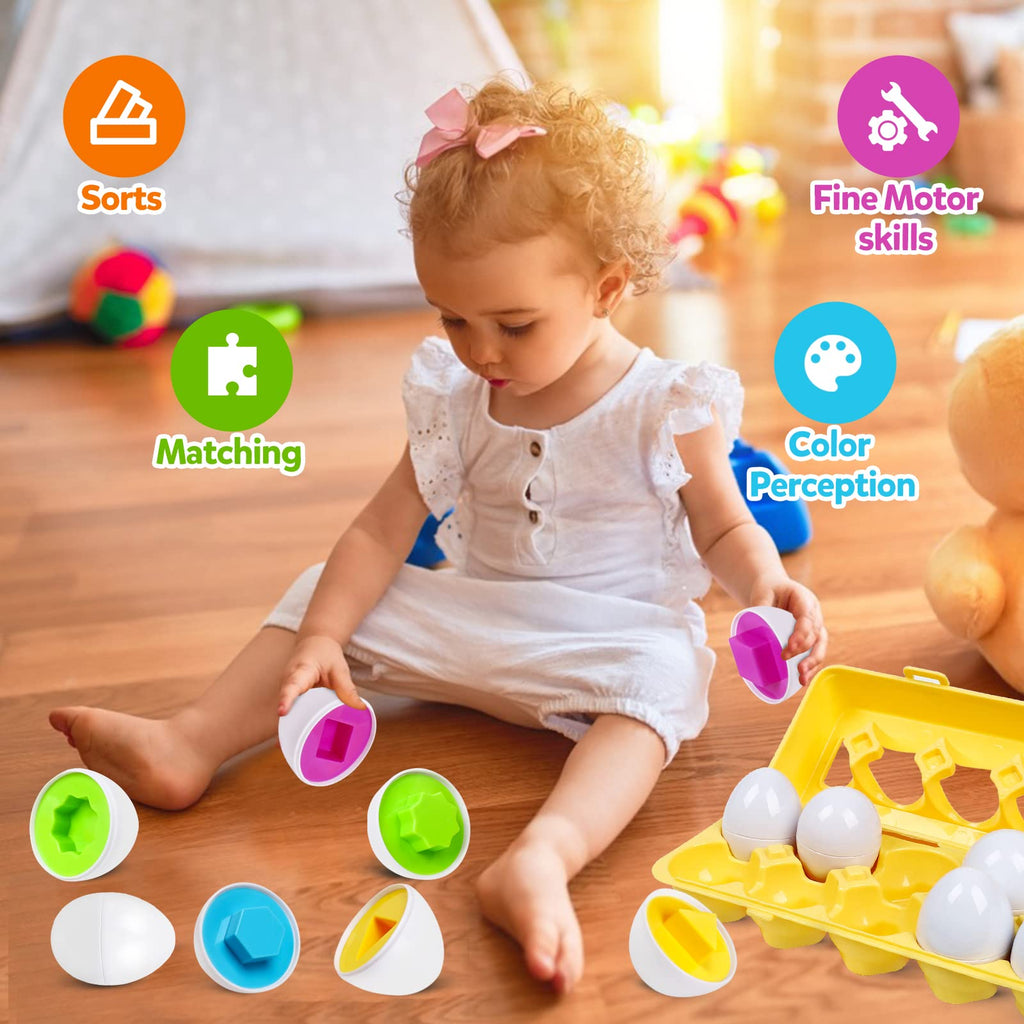 Montessori Geometric Eggs - 12-Piece Color & Shape Matching Puzzle Set for Toddlers 1-3 Years Old