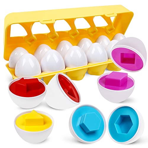 Montessori Geometric Eggs - 12-Piece Color & Shape Matching Puzzle Set for Toddlers 1-3 Years Old