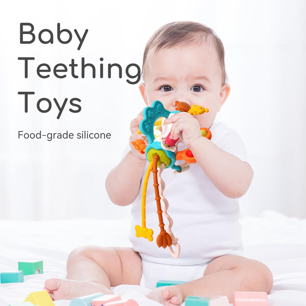 Montessori Silicone Pull String Travel Toy for Babies 6-12 Months - Toddler Airplane Car Seat Sensory Toy