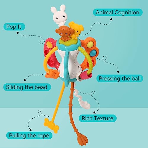 Montessori Silicone Pull String Travel Toy for Babies 6-12 Months - Toddler Airplane Car Seat Sensory Toy