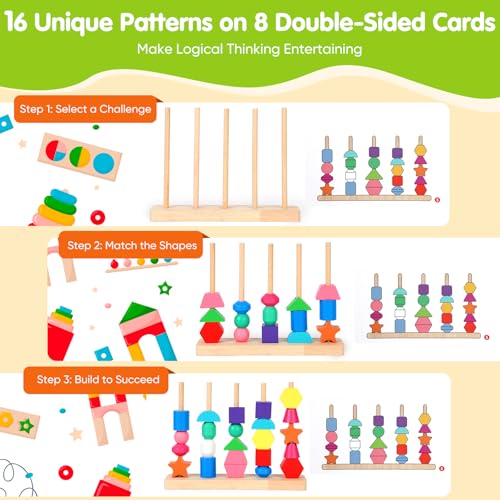 Montessori Threading Beads Set for Toddlers 3-5: Wooden Lacing & Sequencing Toy with Pattern Cards