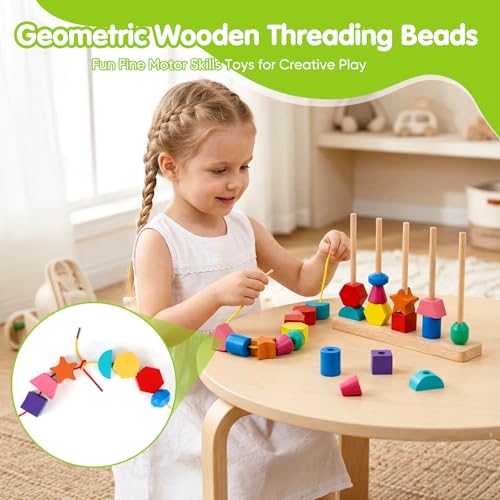 Montessori Threading Beads Set for Toddlers 3-5: Wooden Lacing & Sequencing Toy with Pattern Cards