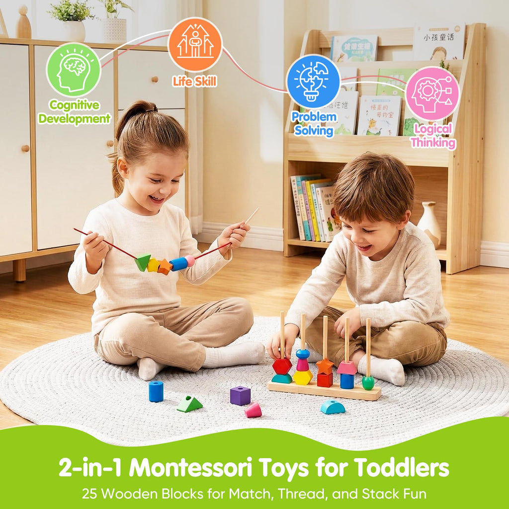 Montessori Threading Beads Set for Toddlers 3-5: Wooden Lacing & Sequencing Toy with Pattern Cards