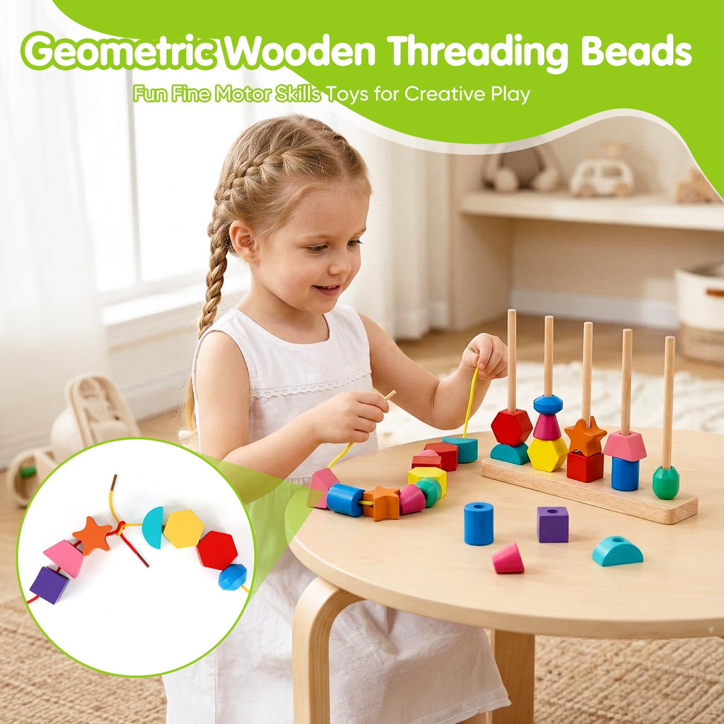 Montessori Threading Beads Set for Toddlers 3-5: Wooden Lacing & Sequencing Toy with Pattern Cards