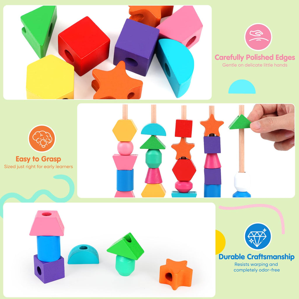 Montessori Threading Beads Set for Toddlers 3-5: Wooden Lacing & Sequencing Toy with Pattern Cards