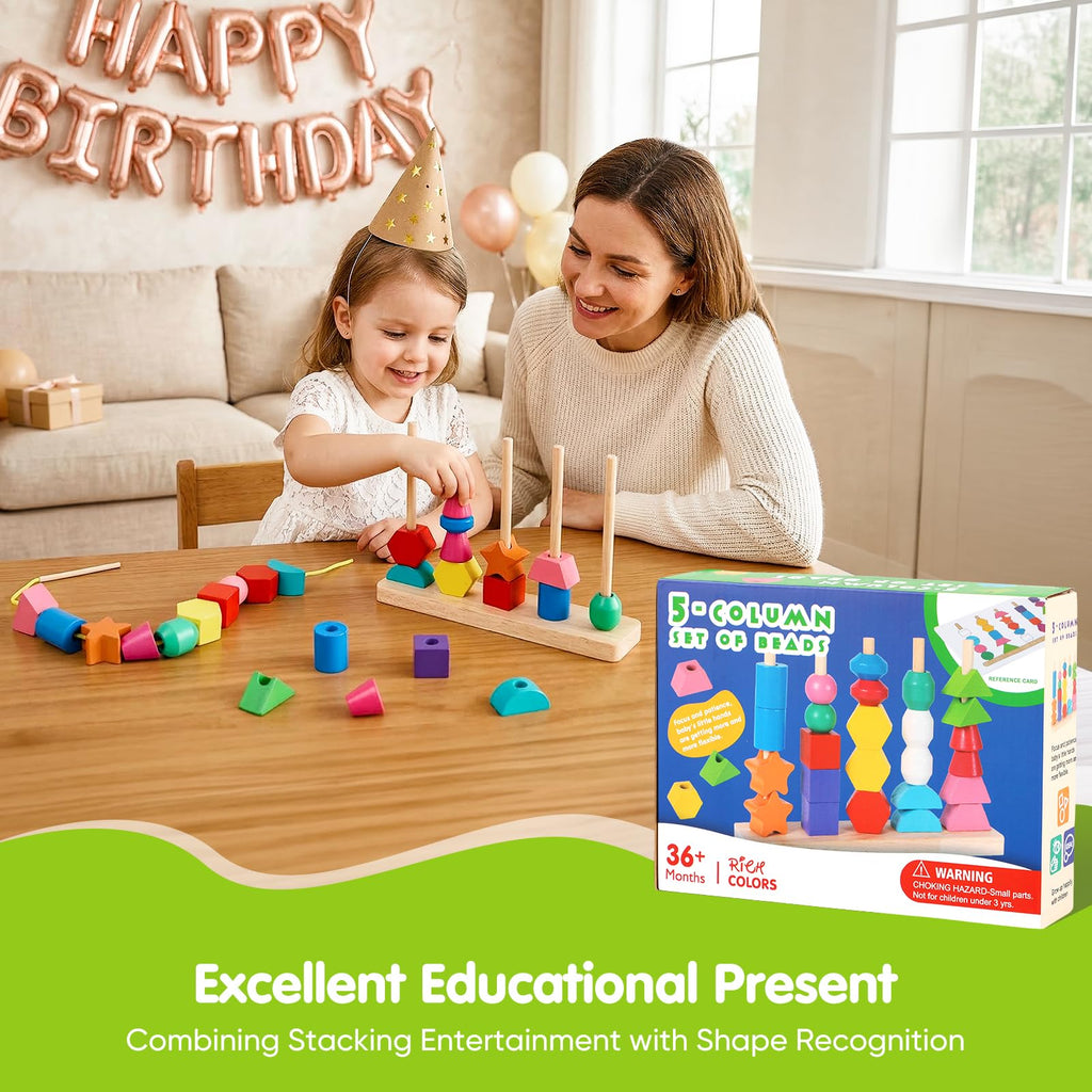 Montessori Threading Beads Set for Toddlers 3-5: Wooden Lacing & Sequencing Toy with Pattern Cards