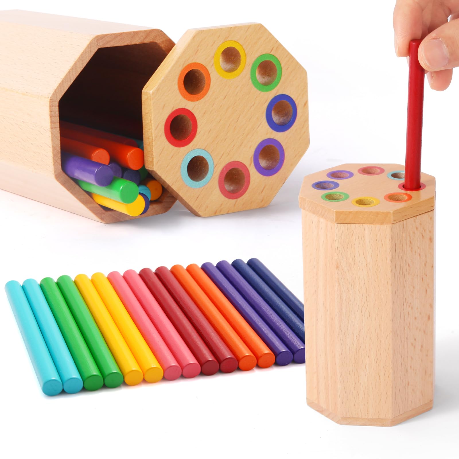 Montessori Wooden Color Sorting Sticks Toy – Fine Motor Skills, Beech Wood, Octagonal Design for Toddlers 12 Months+