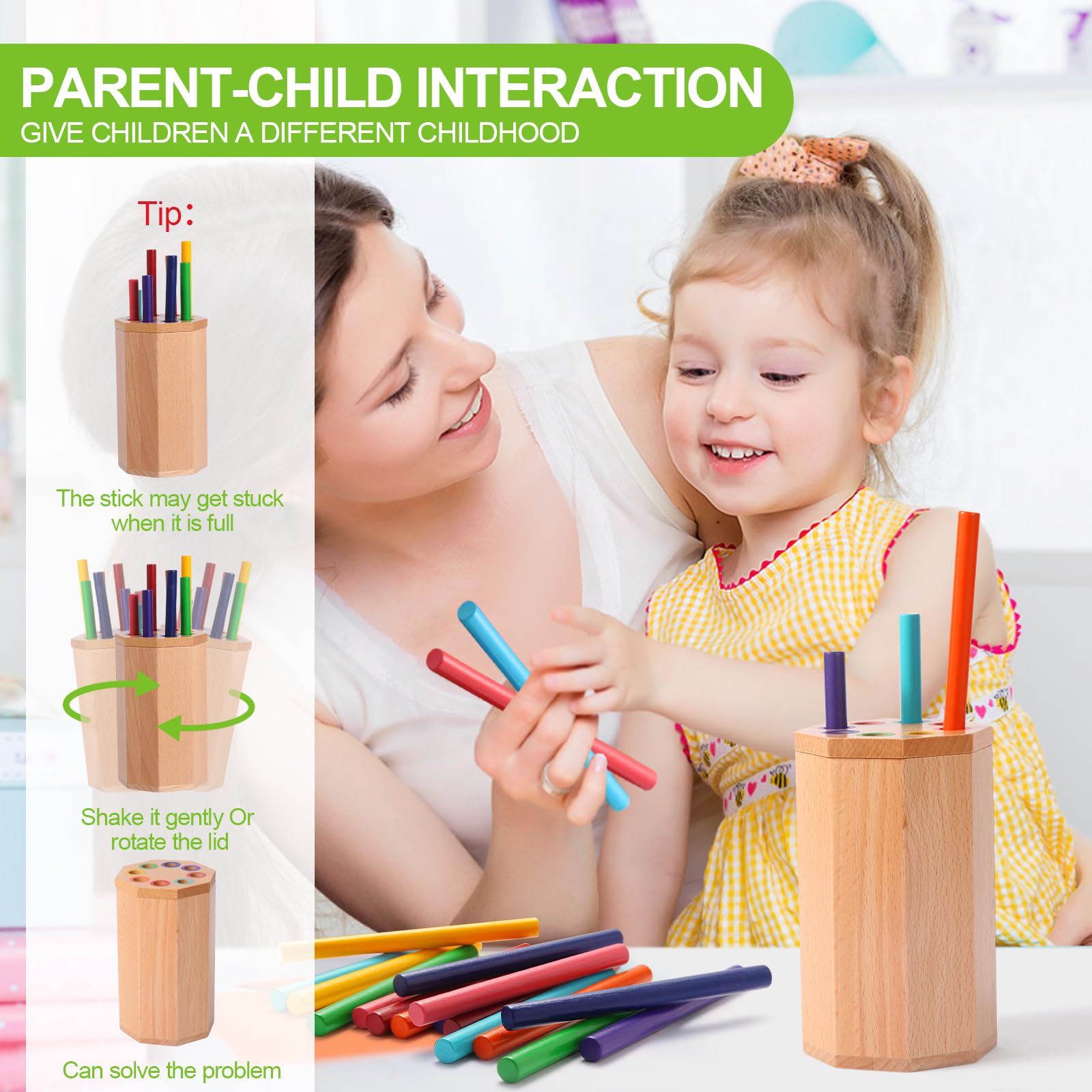 Montessori Wooden Color Sorting Sticks Toy – Fine Motor Skills, Beech Wood, Octagonal Design for Toddlers 12 Months+