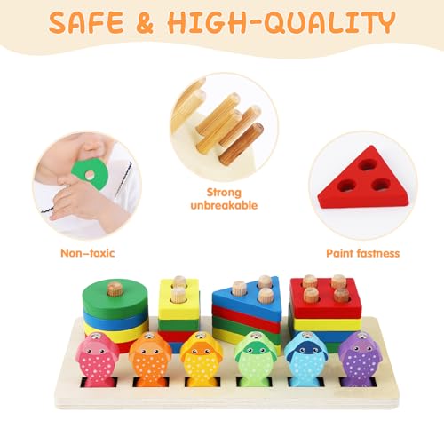 Montessori Wooden Sorting & Stacking Toy – Shape Sorter with Fishing Game for Toddlers 1-3