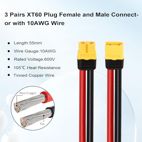 MOOKEERF 3 Pairs XT60 Male Female Connectors with 10AWG Wire 55mm for RC Battery Drone