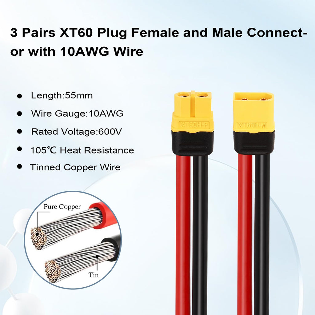 MOOKEERF 3 Pairs XT60 Male Female Connectors with 10AWG Wire 55mm for RC Battery Drone