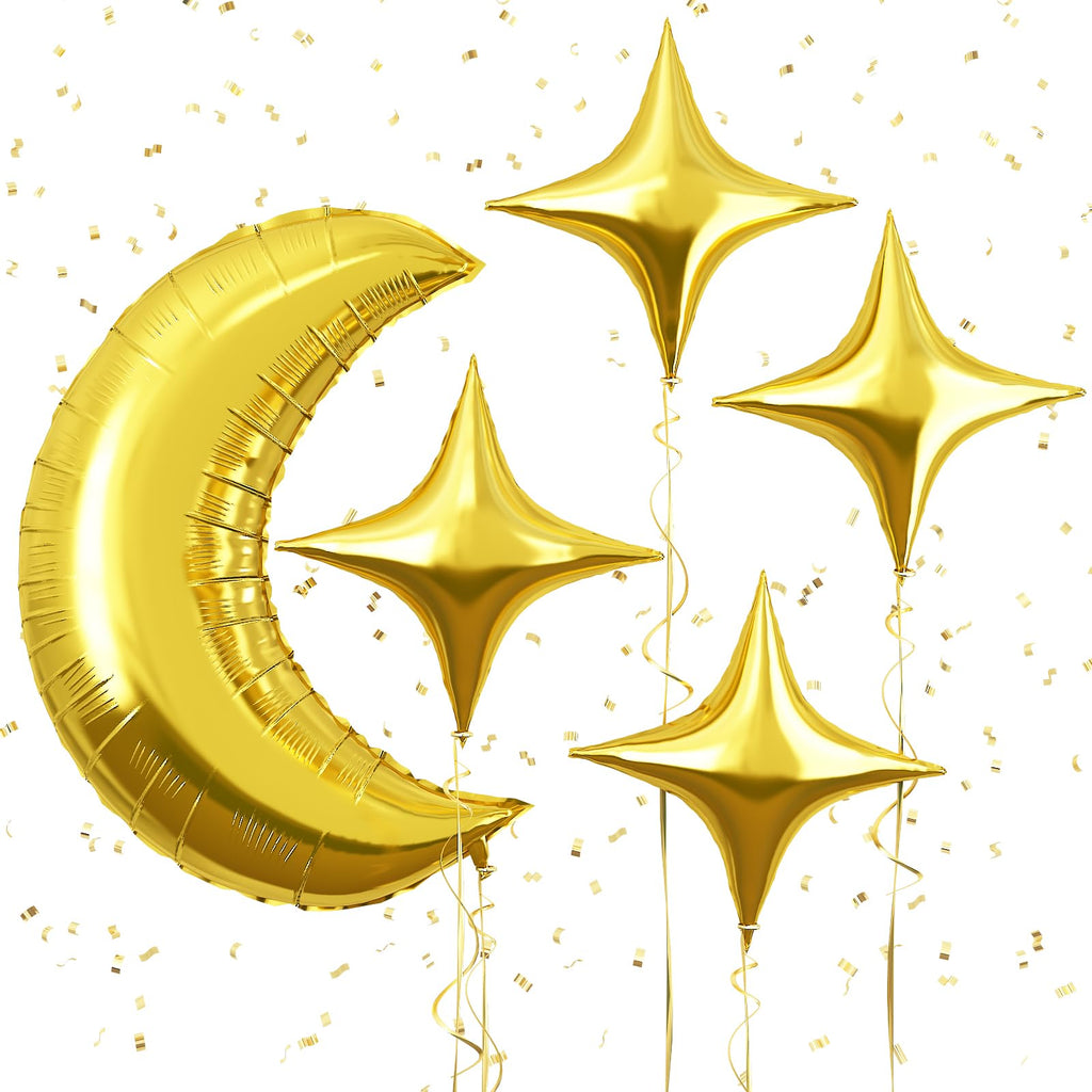 Moon and Star Balloons 36-Inch Gold Foil Moon with 18-Inch Stars for New Year, Ramadan, Baby Shower Decorations