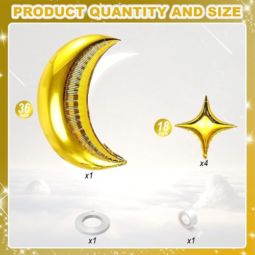 Moon and Star Balloons 36-Inch Gold Foil Moon with 18-Inch Stars for New Year, Ramadan, Baby Shower Decorations