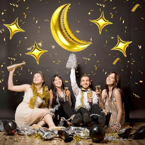 Moon and Star Balloons 36-Inch Gold Foil Moon with 18-Inch Stars for New Year, Ramadan, Baby Shower Decorations