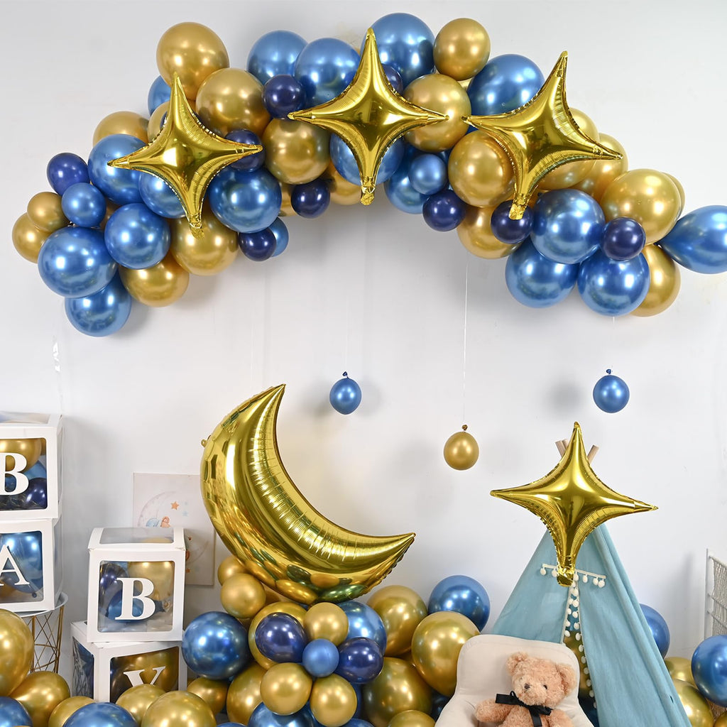 Moon and Star Balloons 36-Inch Gold Foil Moon with 18-Inch Stars for New Year, Ramadan, Baby Shower Decorations