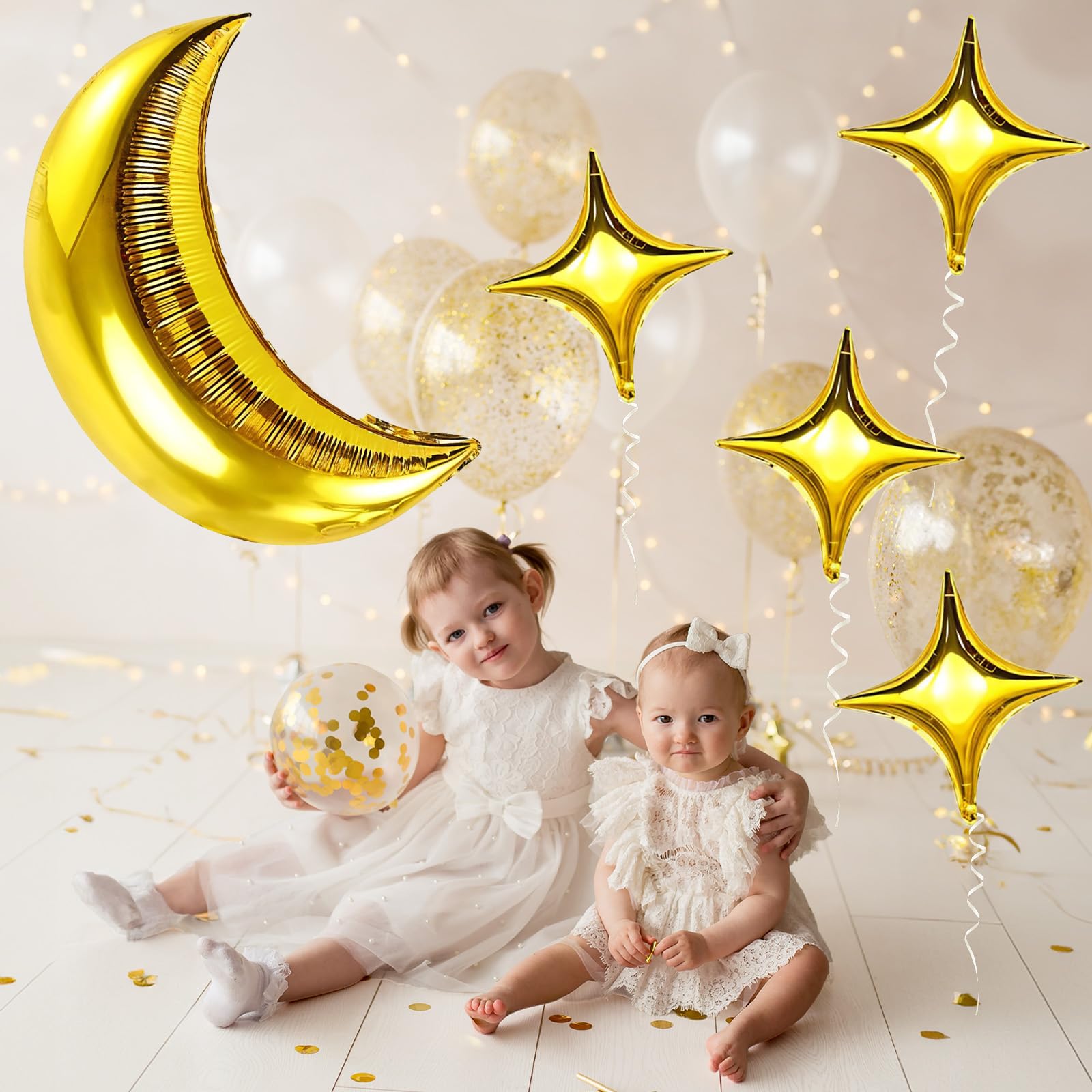 Moon and Star Balloons 36-Inch Gold Foil Moon with 18-Inch Stars for New Year, Ramadan, Baby Shower Decorations
