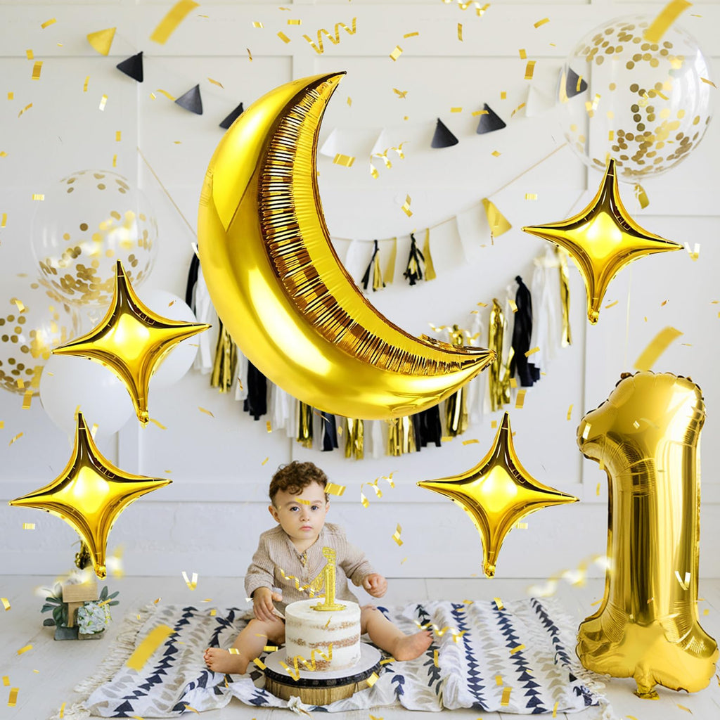 Moon and Star Balloons 36-Inch Gold Foil Moon with 18-Inch Stars for New Year, Ramadan, Baby Shower Decorations