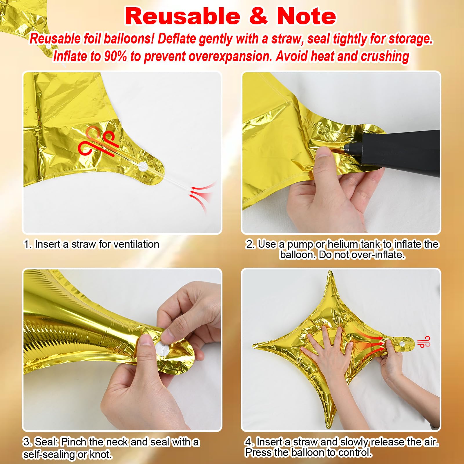 Moon and Star Balloons 36-Inch Gold Foil Moon with 18-Inch Stars for New Year, Ramadan, Baby Shower Decorations