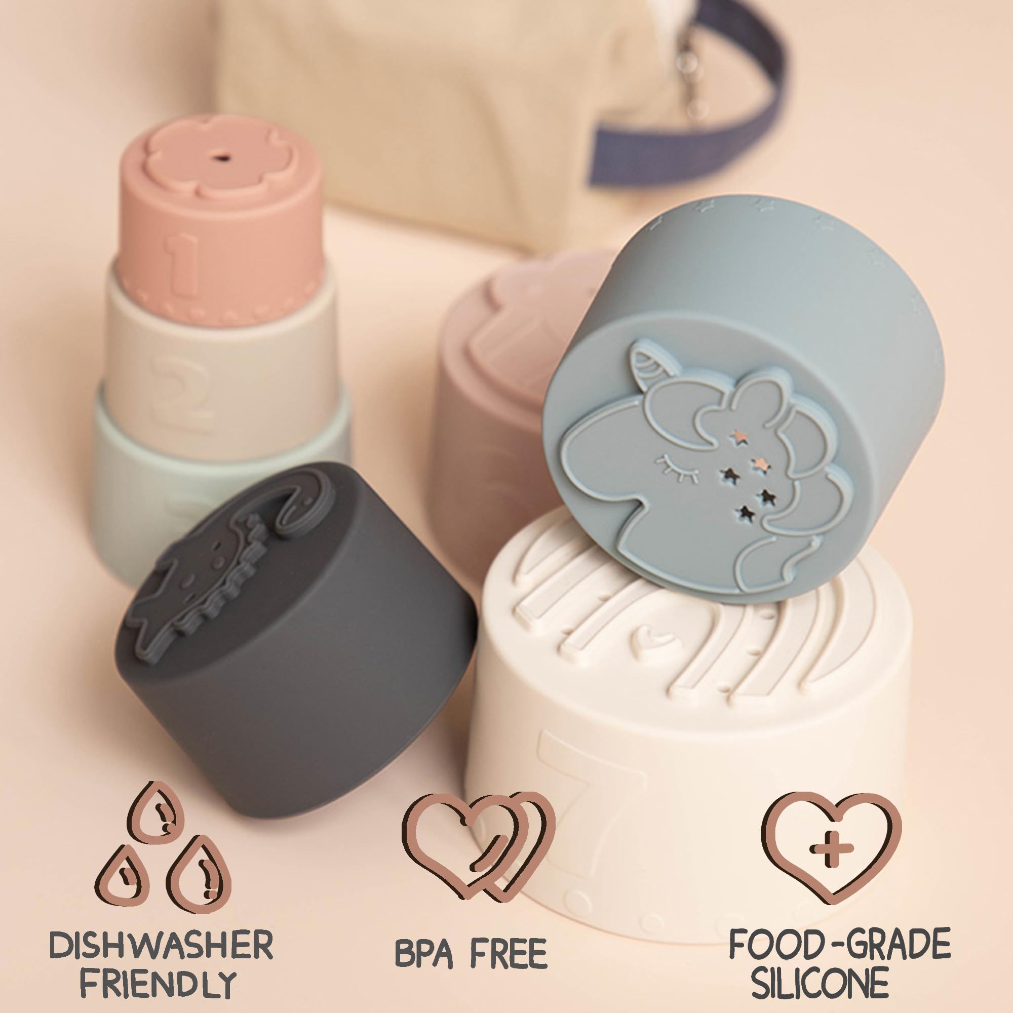 Moonkie Silicone Stacking Cups: 7-Piece Baby Toy for Teething, Bath, and Learning (6+ Months)