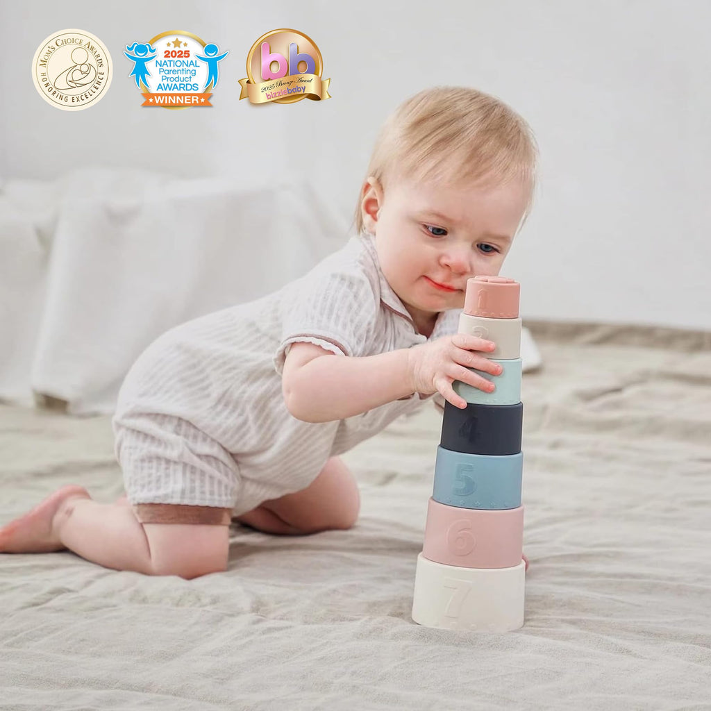 Moonkie Silicone Stacking Cups: 7-Piece Baby Toy for Teething, Bath, and Learning (6+ Months)
