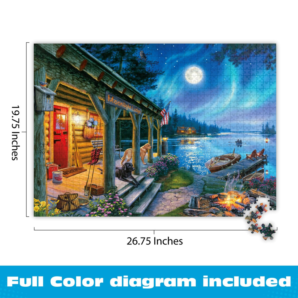 Moonlight Lodge 1000 Piece Jigsaw Puzzle - Buffalo Games Scenic Night Landscape with Poster
