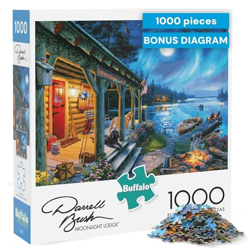 Moonlight Lodge 1000 Piece Jigsaw Puzzle - Buffalo Games Scenic Night Landscape with Poster