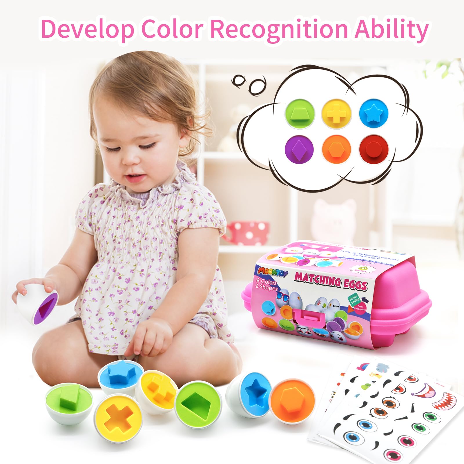 MOONTOY Toddler Matching Eggs Toy - 6 Color Shape Sorter with Stickers, Easter Gift for 1-3 Year Old