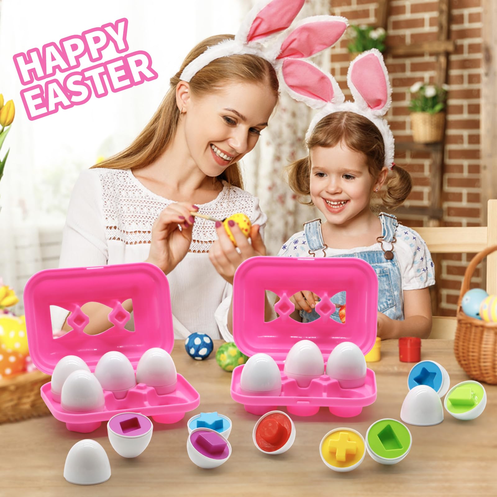 MOONTOY Toddler Matching Eggs Toy - 6 Color Shape Sorter with Stickers, Easter Gift for 1-3 Year Old