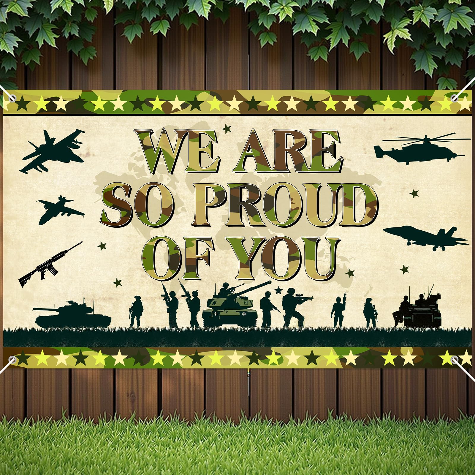 MOORIIY Army Camouflage Banner - We Are So Proud Of You, 72.8x43.3 Inch Polyester Patriotic Decor for Memorial Day, Veterans Day, Homecoming