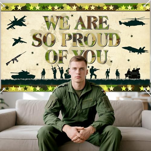MOORIIY Army Camouflage Banner - We Are So Proud Of You, 72.8x43.3 Inch Polyester Patriotic Decor for Memorial Day, Veterans Day, Homecoming