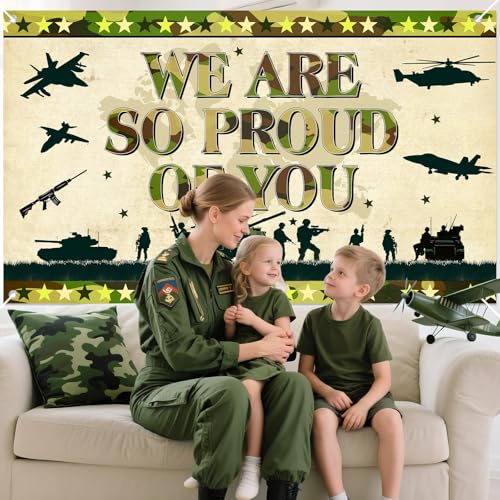 MOORIIY Army Camouflage Banner - We Are So Proud Of You, 72.8x43.3 Inch Polyester Patriotic Decor for Memorial Day, Veterans Day, Homecoming