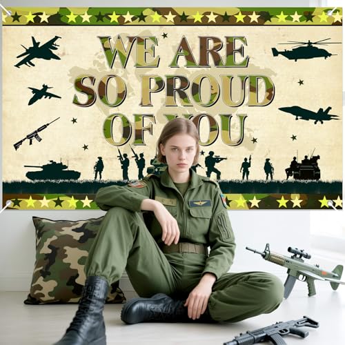 MOORIIY Army Camouflage Banner - We Are So Proud Of You, 72.8x43.3 Inch Polyester Patriotic Decor for Memorial Day, Veterans Day, Homecoming